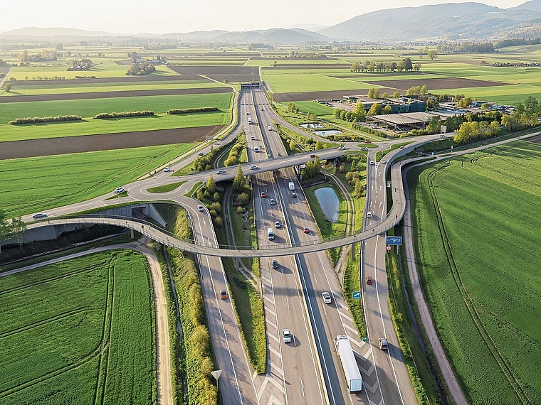 Eine Bildanimation zeigt eindrucksvoll auf, wie die Ein- und Ausfahrt von und zur A5 ab 2032 aussehen würde, wenn mit dem Bau 2029 begonnen werden kann.Bild: Astra