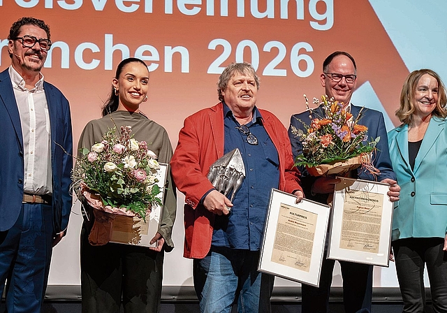 Jean-Paul Peronace (Präsident der Kulturkommission Grenchen), Aleyna Noyan (Nachwuchsförderungspreis), André Weyermann (Kulturpreis), Patrick Meier (Anerkennungspreis) und Stadtpräsidentin Susanne Sahli.