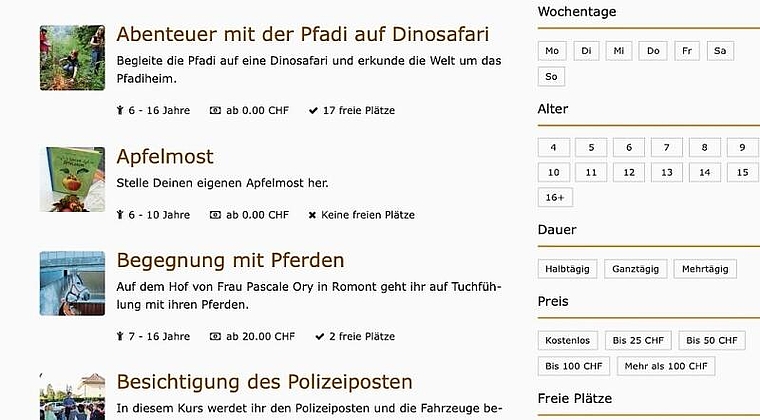 Auf der Website des Ferienpasses Grenchen (https://grenchen.feriennet.projuventute.ch) sind alle Kurse und die Anzahl freier Plätze sichtbar.Screenshot: Joseph Weibel