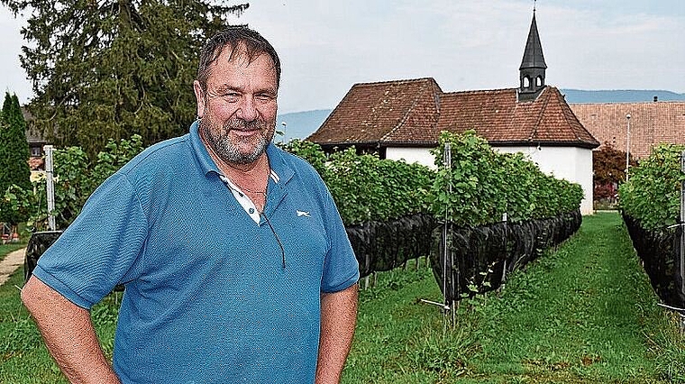 Andreas Marti vor einem Teil der Reihen mit seinen Rebstöcken im Grenchner Weiler Staad. Bild: Joseph Weibel