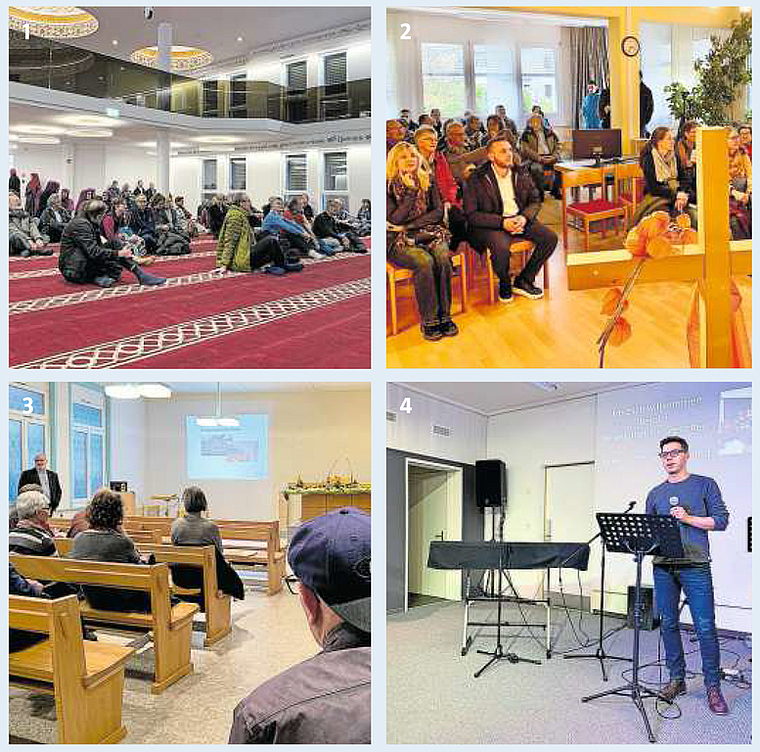 Verschiedene Einblicke in weniger bekannte Religionsgemeinschaften in Grenchen (von links): AIG – Ebu Hanife Moschee (1), evangelisch-methodistische Kirche (2), neuapostolische Kirche (3) und Bewegung Plus (4). Bilder: zvg